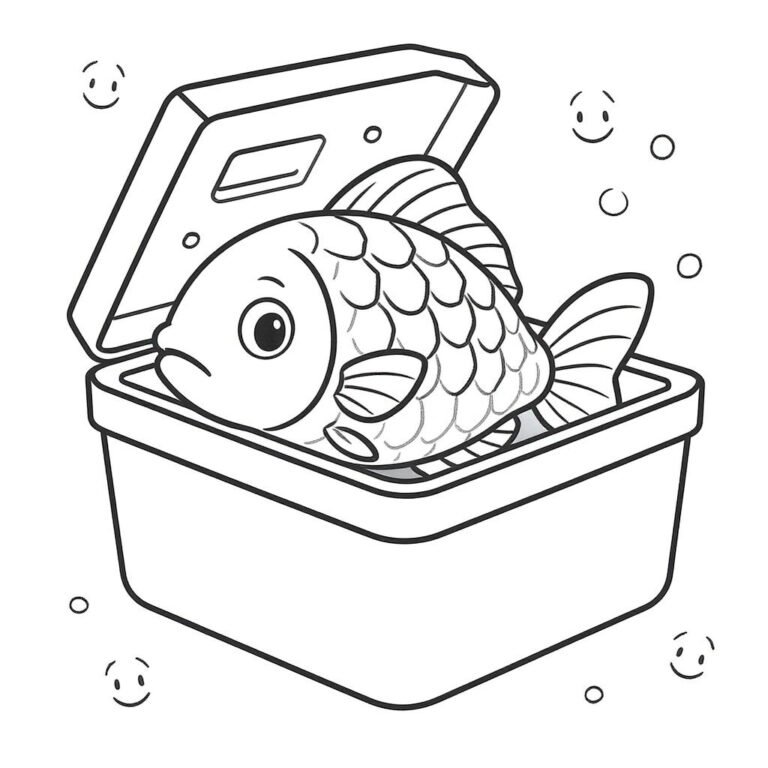 This coloring page features a fish with an intricate design inside a open cooler.