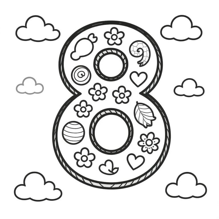 This coloring page features the number 8 filled with flowers and a variety of illustrations, all set against a cloudy background.