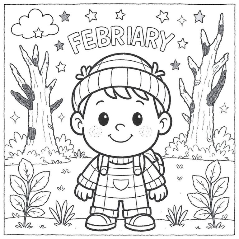 This coloring page features a cute little boy in a field with flowers and the word "FEBRUARY" displayed across the top in bold.