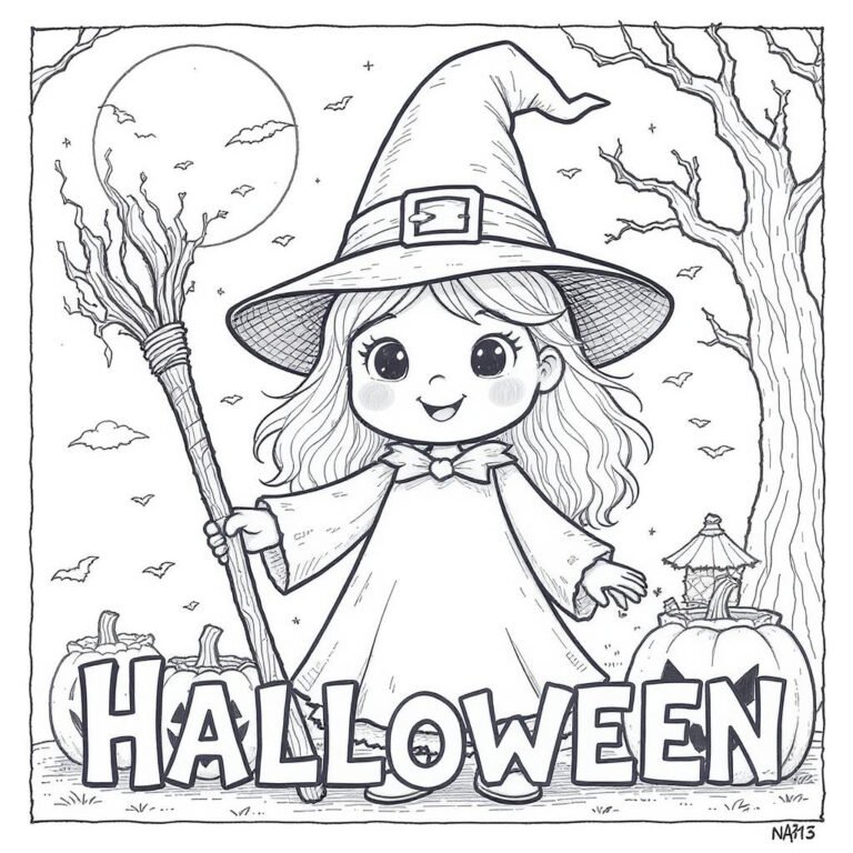 This coloring page features a witch standing under a full moon, with a broomstick in hand and a cauldron nearby.