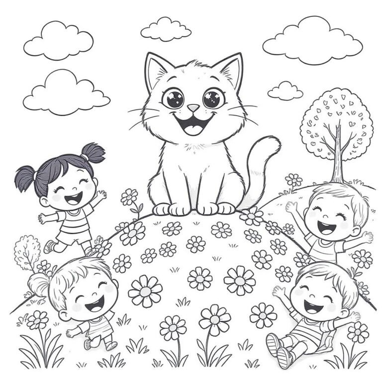 This coloring page features a cat and four happy kids on a grassy hill with trees and clouds in the background.