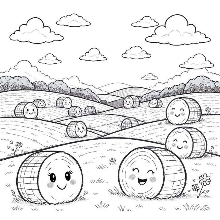 This coloring page features hay bales scattered across a scenic landscape on a classic autumn day.