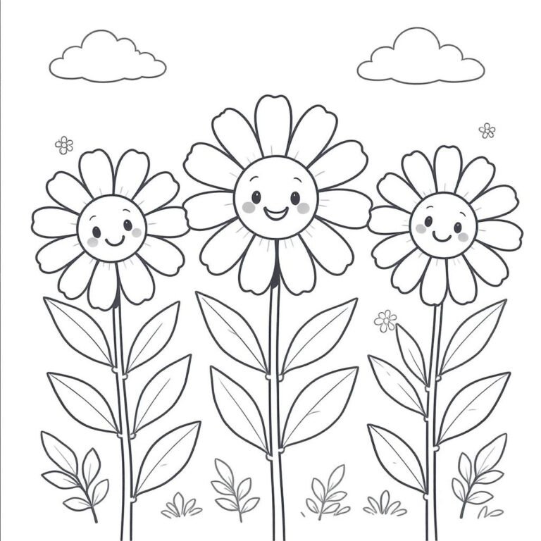 This coloring page features three daisies beneath the fluffy clouds.