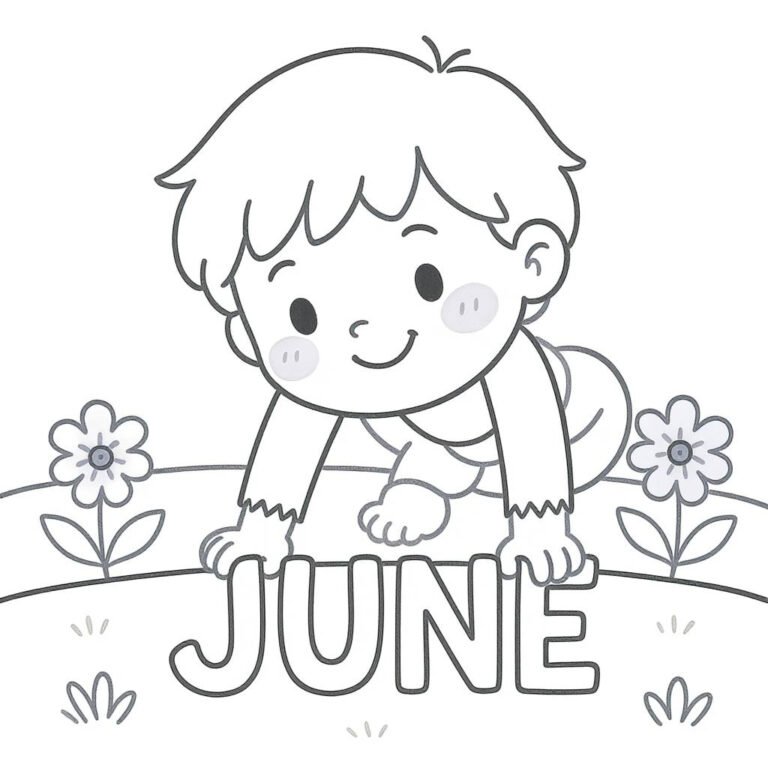 This coloring page features the word "June" with a young boy admiring it, surrounded by blooming flowers.