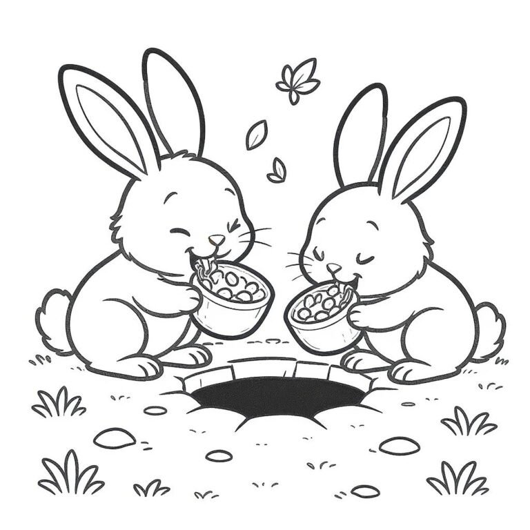 This coloring page features two bunnies eating heartwarmingly bringing smiles to everyone around.