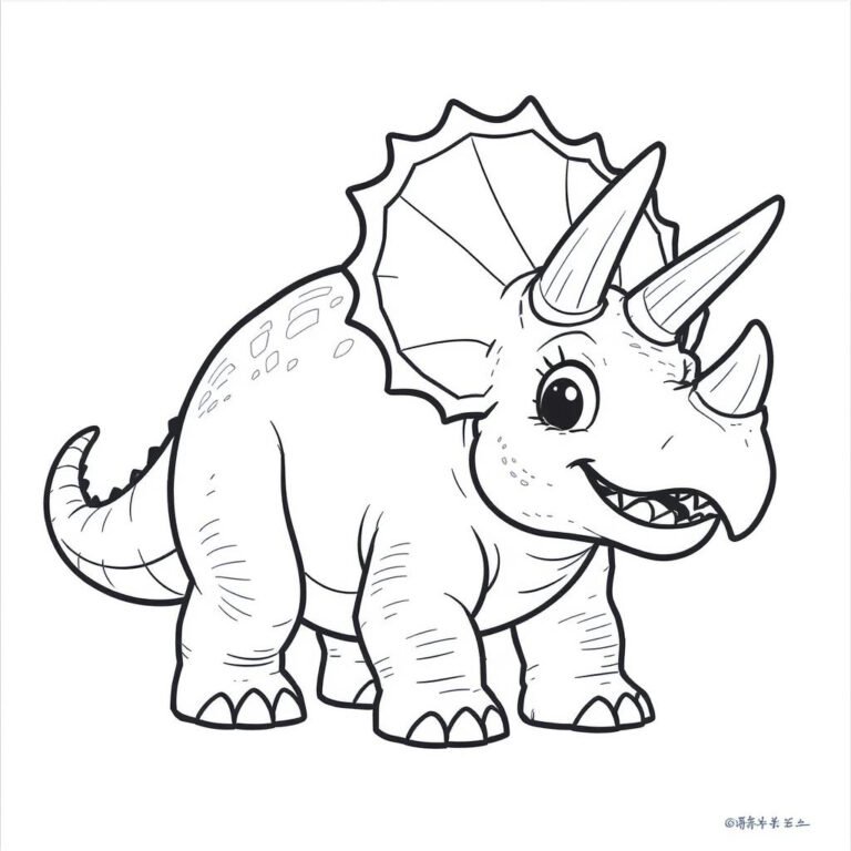 This coloring page features a Triceratops dinosaur standing on all fours.