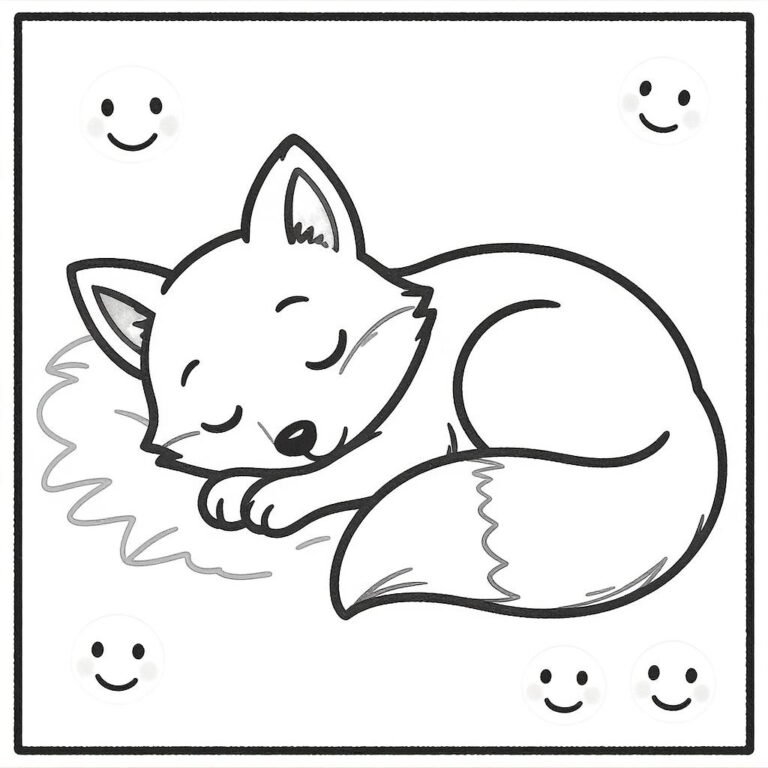 This coloring page features a peacefully sleeping fox, set against a simple background.
