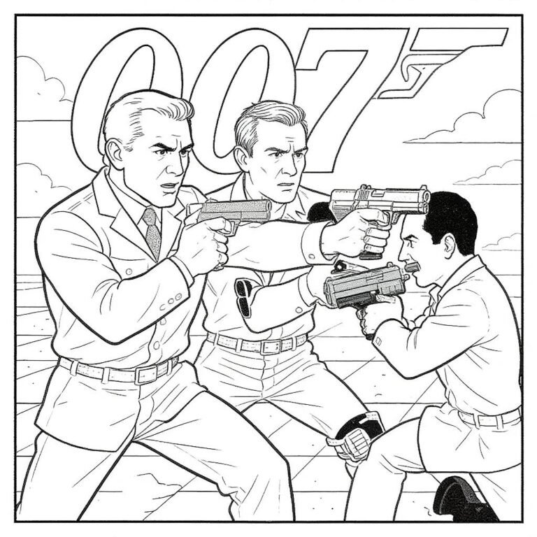 This coloring page features James Bond in action, aiming a pistol during a dramatic scene with another suited agent, symbolizing a high-stakes secret mission.