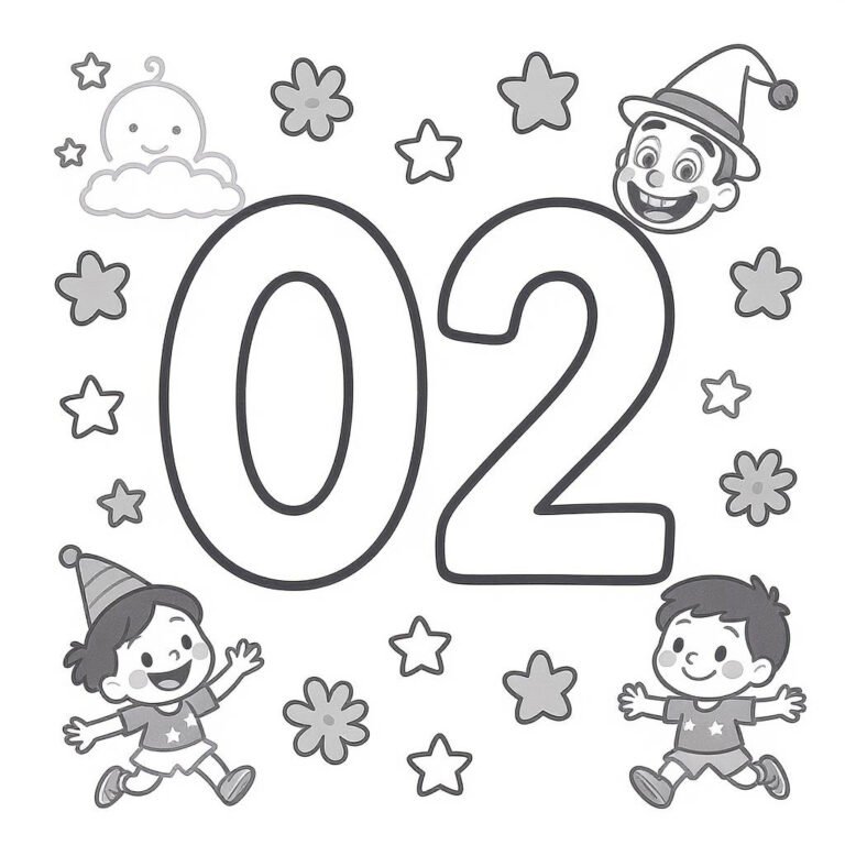 This coloring page features a large outlined number "02" with stars and kids playing around it.