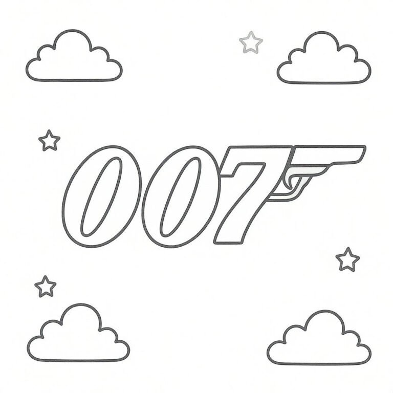 This coloring page features a clean arrangement of the 007 logo against scattered cartoon clouds.