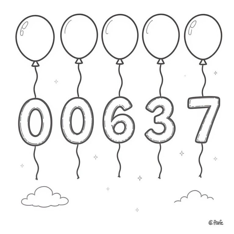 This coloring page features the numbers 0, 0, 6, 3, 7 alongside multiple balloons.