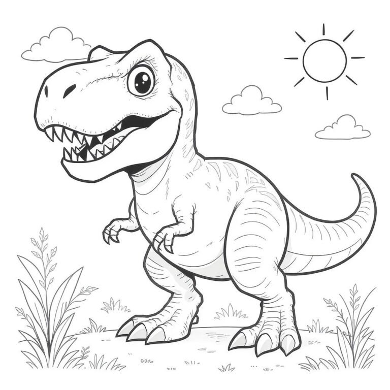 This coloring page features a Tyrannosaurus rex with an open mouth, tiny arms, and large claws in a simple scene with a sun and clouds above.