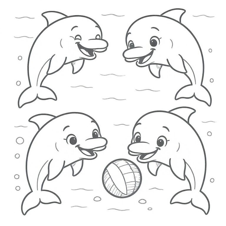 This coloring page features four dolphins playing with a ball.