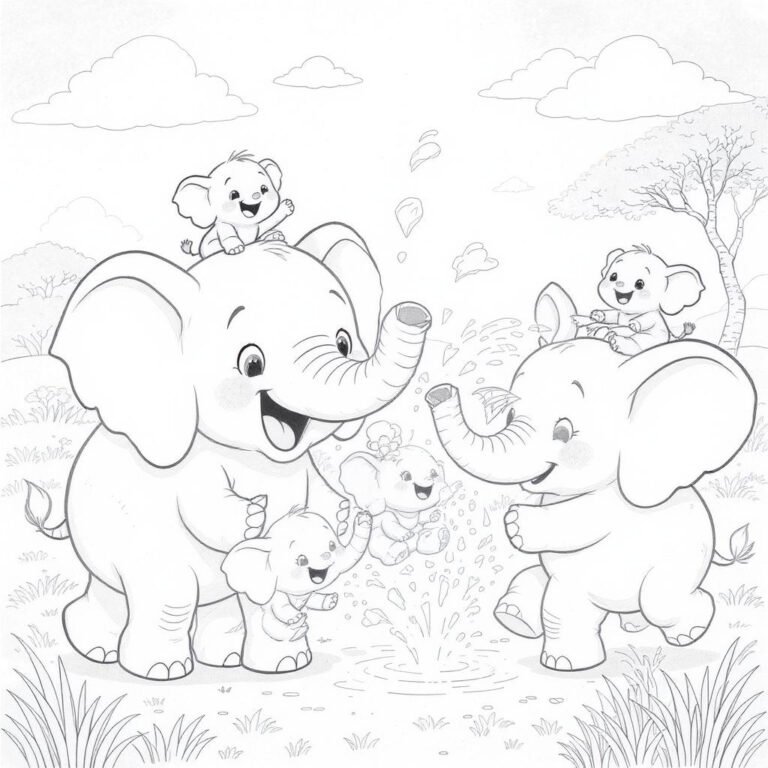 This coloring page features a family of elephants having fun.