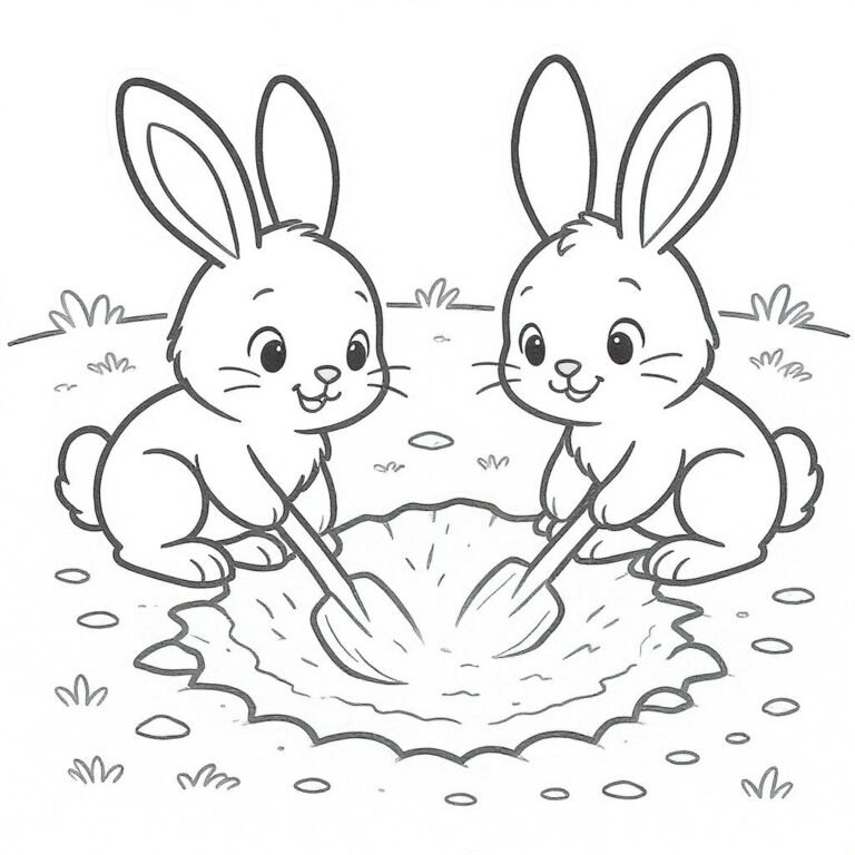 This coloring page features two energetic bunnies with a shovel in their little paws digging a hole with a smile on their faces.