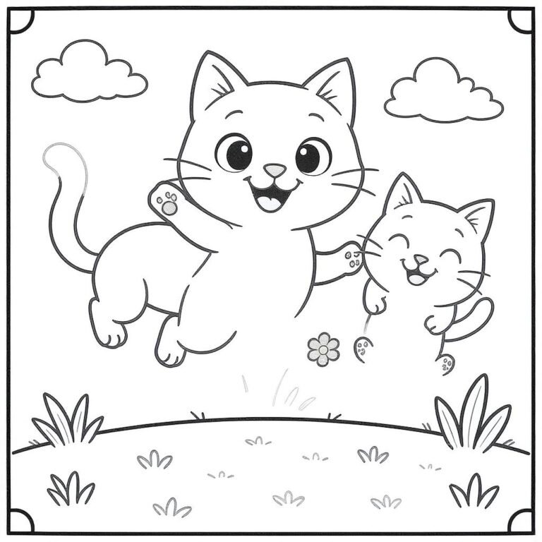 This coloring page features two adorable cats pouncing happily on a cloudy day.