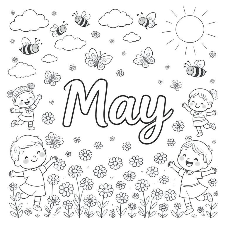 This coloring page features happy children in a flower garden, with the sun shining, clouds drifting by, and bees buzzing around.