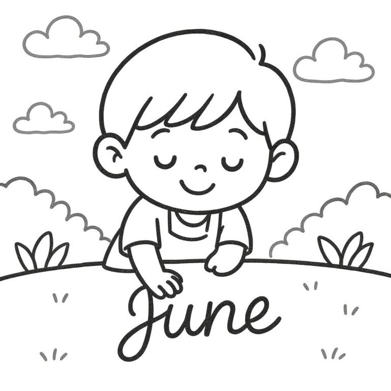 This coloring page features a smiling young boy looking up at the word "June" beneath a fluffy cloud.