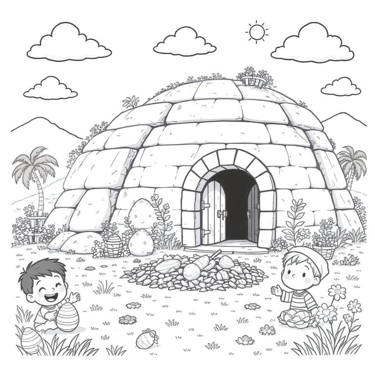 This coloring page features kids hunting for Easter eggs outside the empty tomb under fluffy clouds.