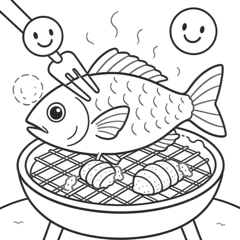 This coloring page features a fish cooking on a hot stovetop, being turned around with a fork.