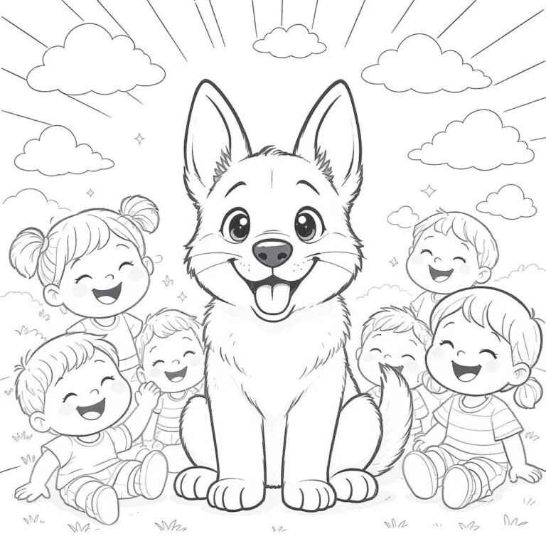 This coloring page features a Siberian Husky with sharp features and thick fur, surrounded by cheerful kids on a snowy outdoor environment.