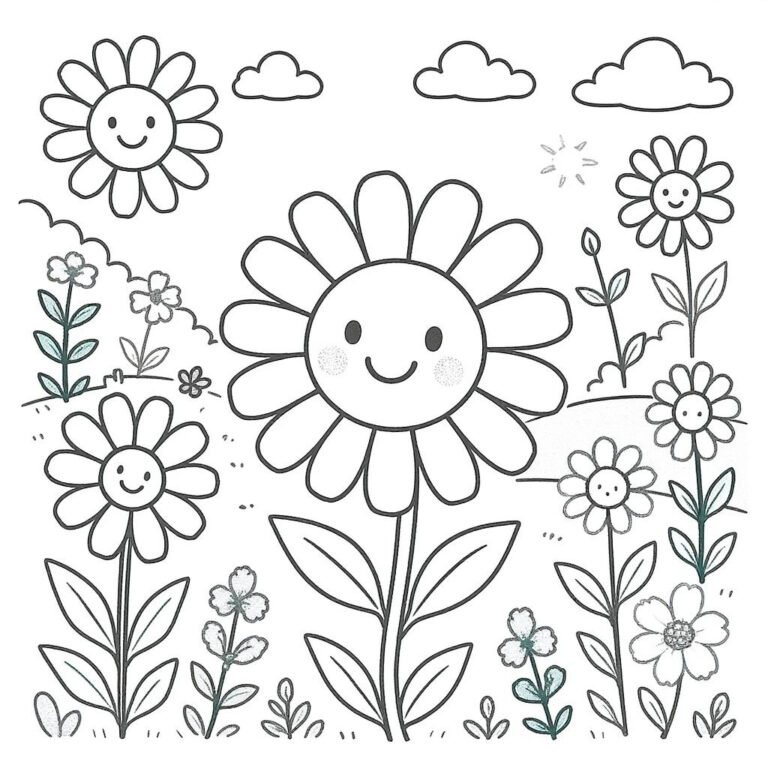 This coloring page features a garden of daisy flowers.