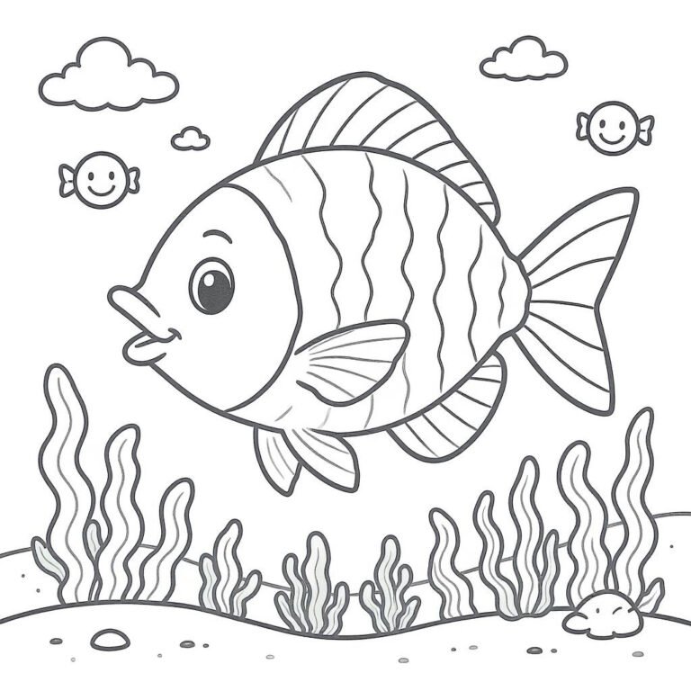This coloring page features a fish swimming in the sea, surrounded by seaweed beneath it.