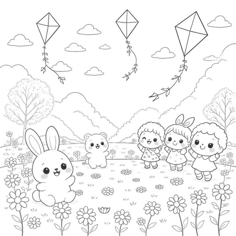 This coloring page features kids flying kites on a grassy field.