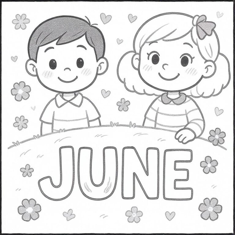 This coloring page features a young boy and a young girl, with the word "June" surrounded by vibrant flowers.
