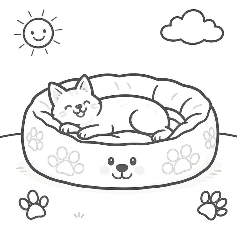 This coloring page features a cozy round dog bed with a sleeping dog curled up inside, under a sunny sky.