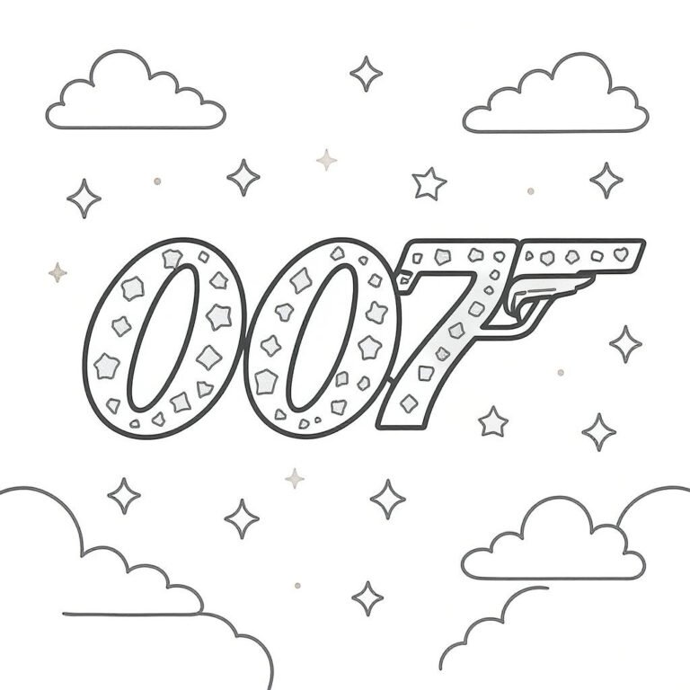 This coloring page features the 007 gun-barrel logo surrounded by soft, cartoon-style clouds.
