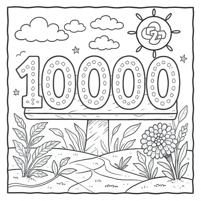 This coloring page features the number 10,000 on a wooden plank and a cloudy sky above the field of flowers.