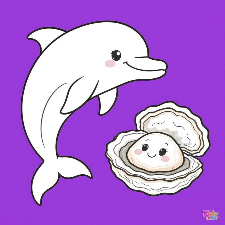 This coloring page features a dolphin and a cute clamshell