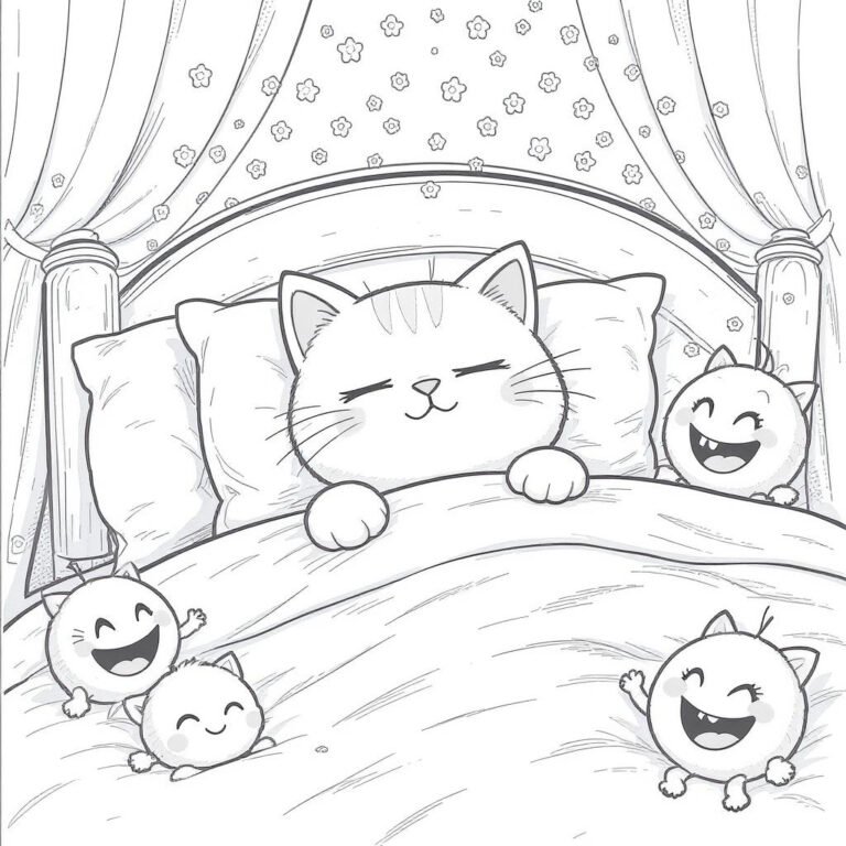 This coloring page features a cat snuggled up in a large bed, cozy under blankets.