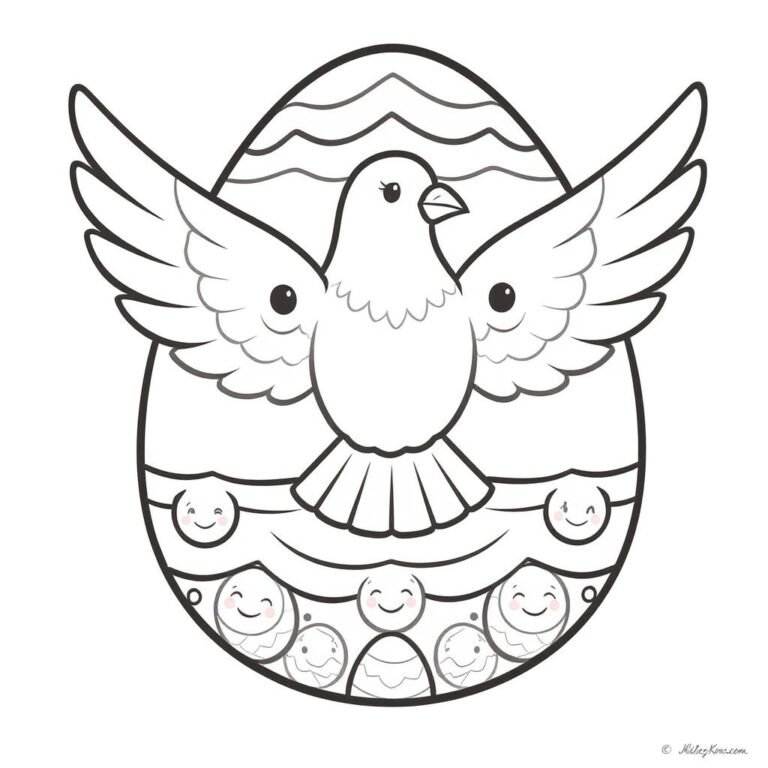This coloring page features a dove gracefully posed in front of a beautifully decorated Easter egg.