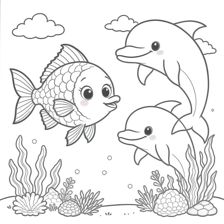 This coloring page features a fish swimming alongside two dolphins in the sea, with seaweed beneath them.