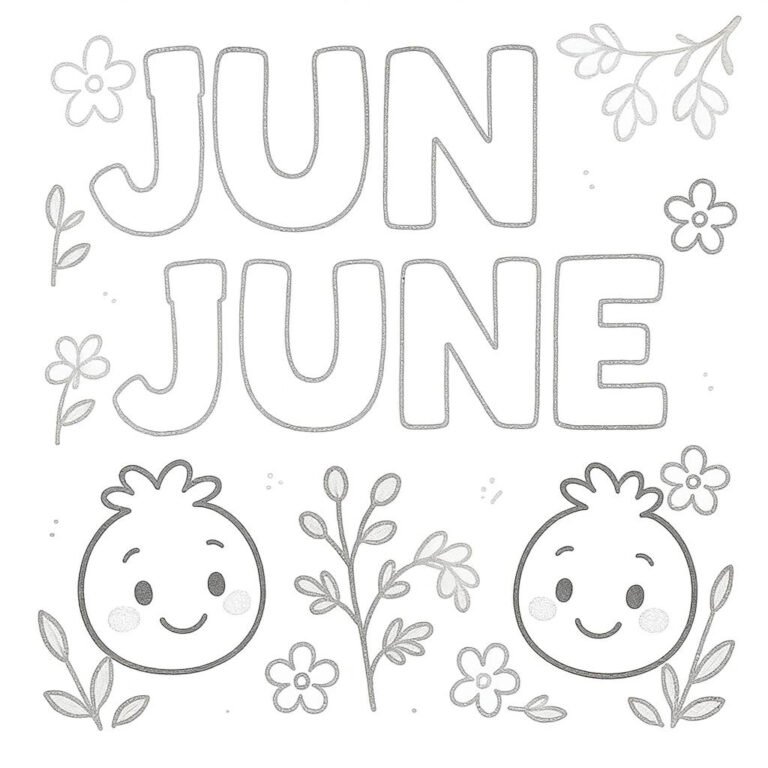 This coloring page features two round faces with the word "June" surrounded by vibrant flowers.