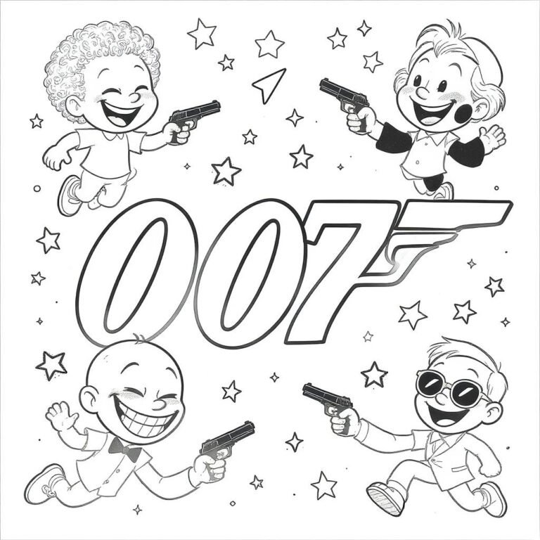 This coloring page features the 007 logo surrounded by cartoon-style spy characters, including agents with glasses and disguises.