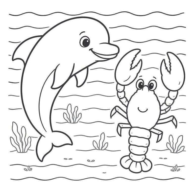 This coloring page features a dolphin and a crab surrounded by ocean plants, having a friendly conversation undersea.