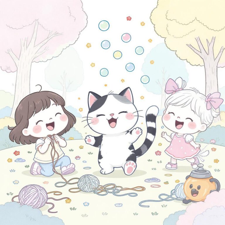 This coloring page features a cat and two beautiful girls having fun in a colorful forest.