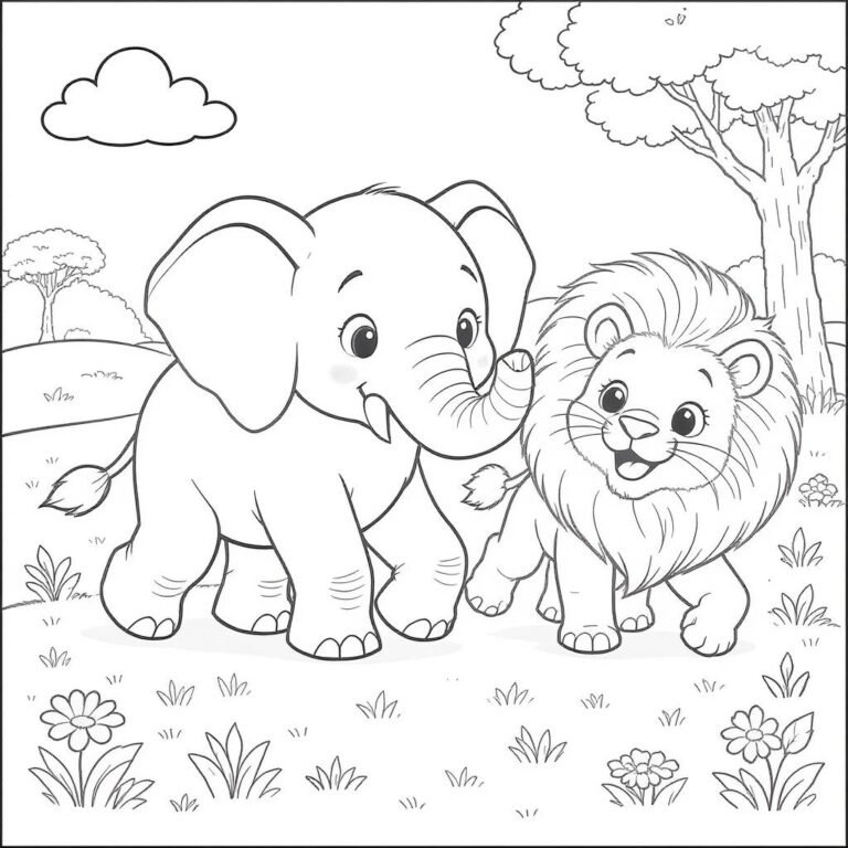 This coloring page features an elephant standing next to a lion in a forest setting with grasses and trees.
