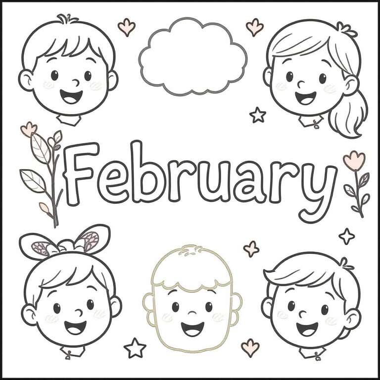 This coloring page features four faces surrounding the word "FEBRUARY."