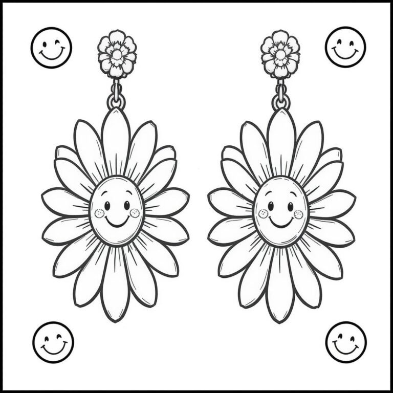 This coloring page features a pair of daisy earrings with smiley emojis surrounding it.