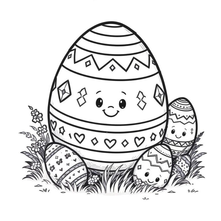 This coloring page features a large, beautifully decorated Easter egg surrounded by smaller decorated eggs.