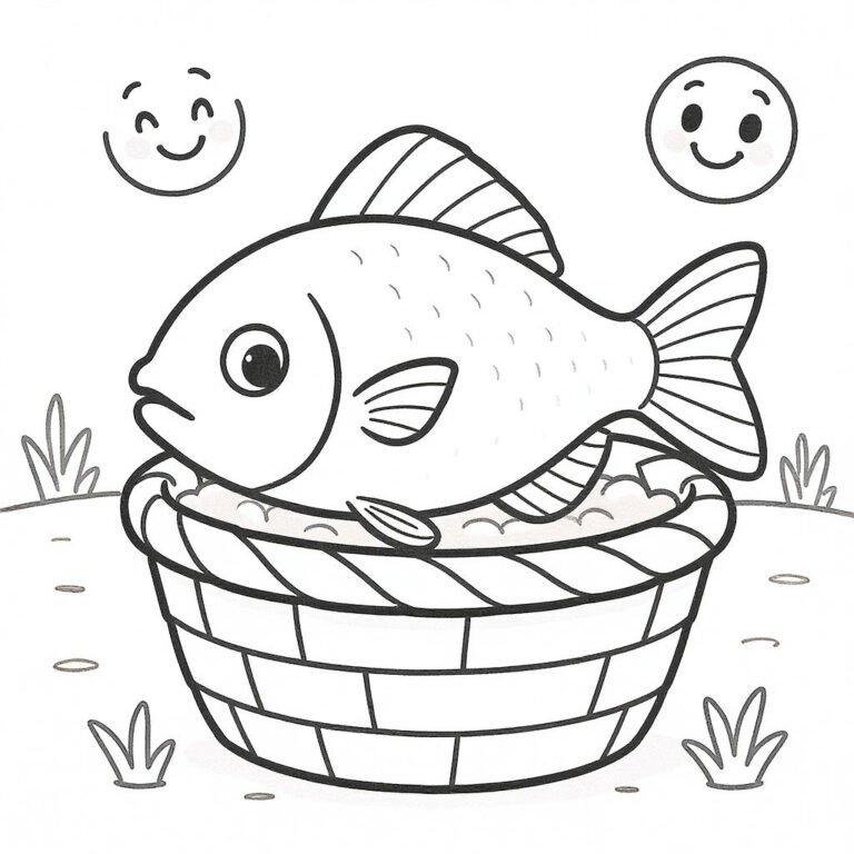 This coloring page features a fish on a basket surrounded by emojis.