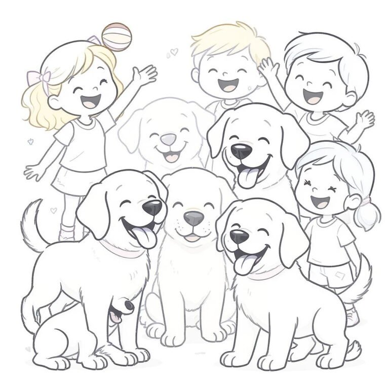 This coloring page features cheerful kids and dogs having a good time.
