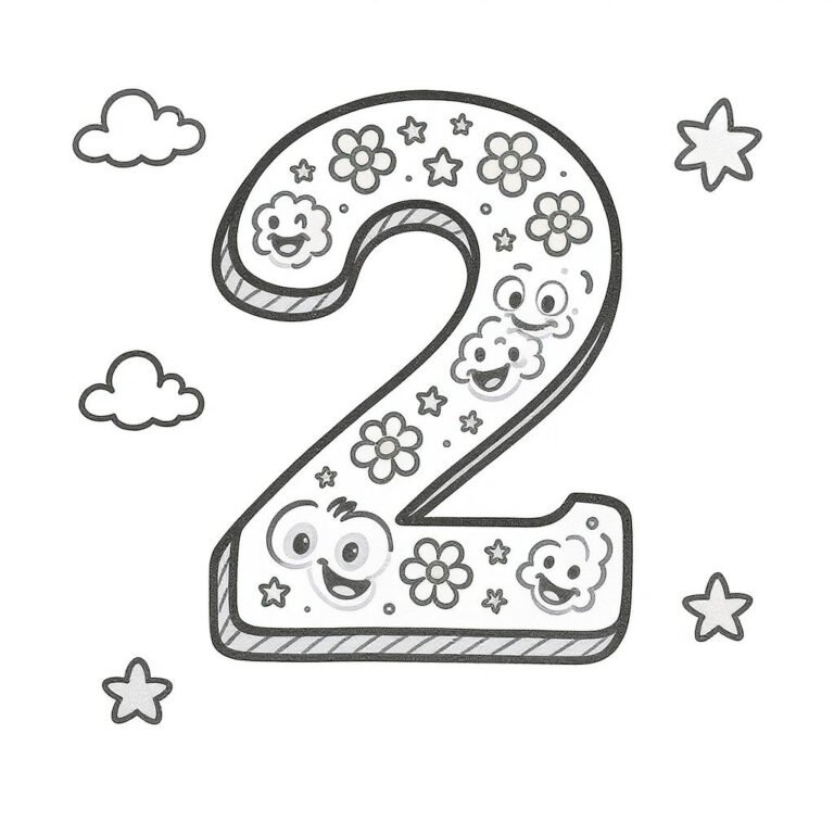 This coloring page features the number 2 decorated with silly cartoon faces surrounded by stars and clouds.
