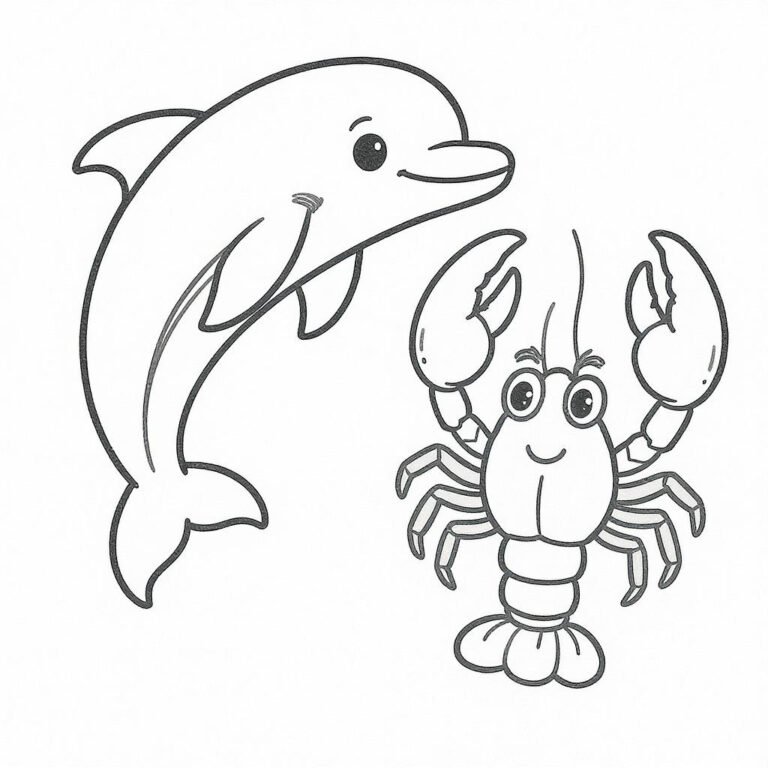 This coloring page features a dolphin and a crab in a simple setting.