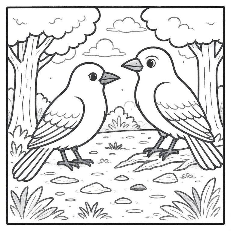 This coloring page features two big birds surrounded by large trees and grasses on a cloudy day.
