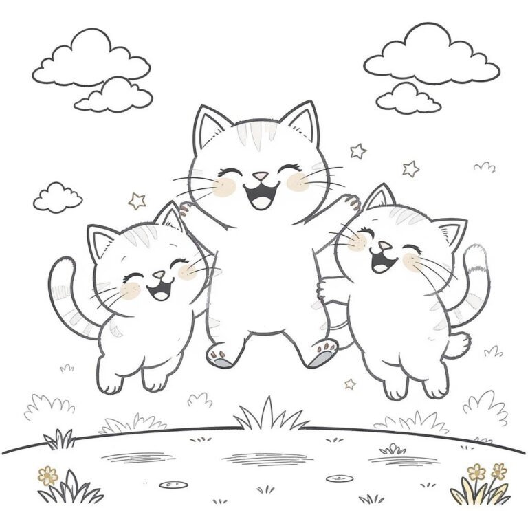 This coloring page features three joyful cats jumping beneath a sky filled with fluffy clouds.